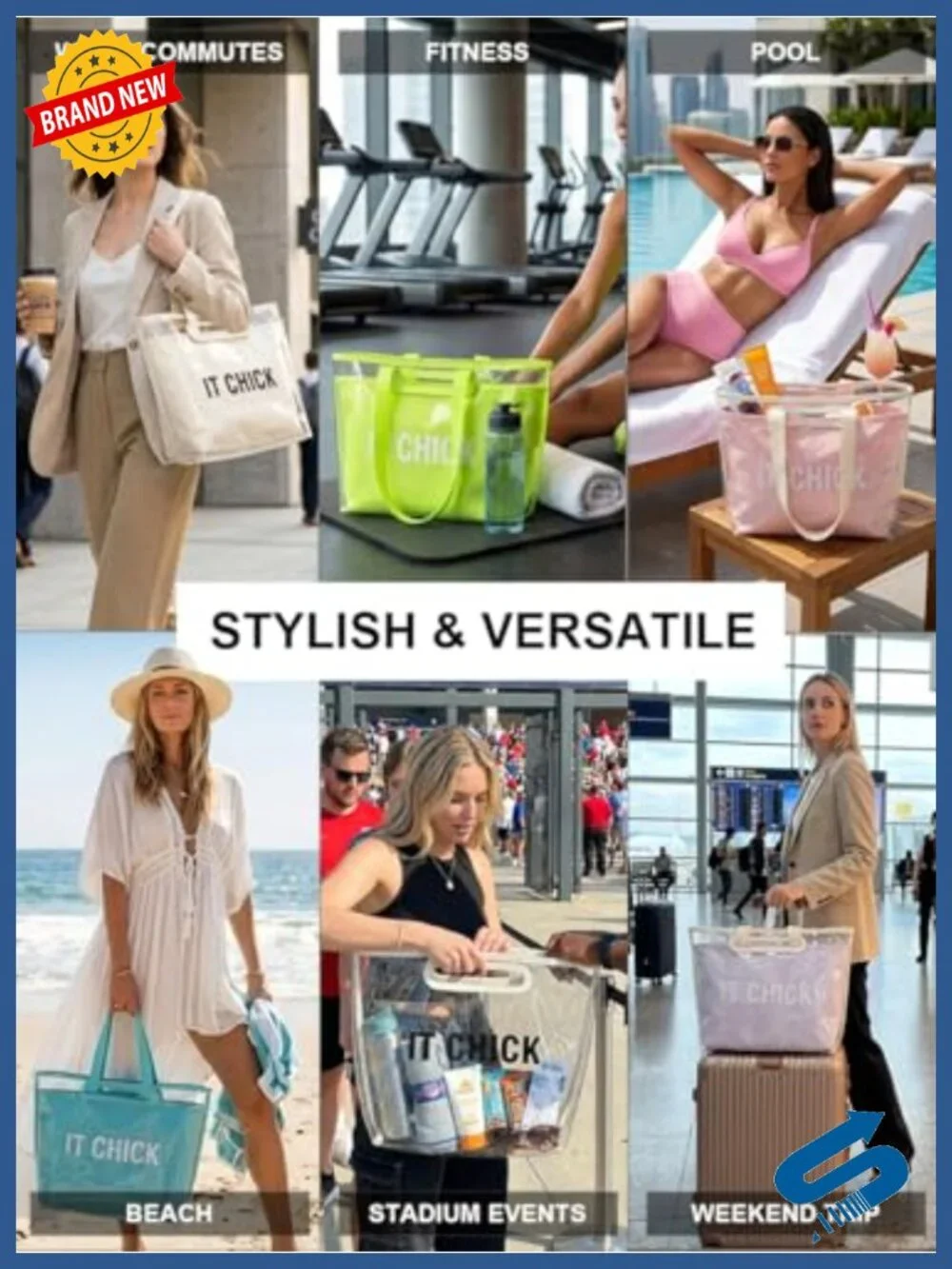 Large Waterproof PVC Tote Bag for Women, Detachable 2-in-1 Canvas Work & Beach